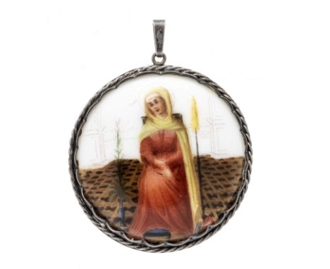 Miniatur-Anhänger Silber 800/000 mit einer feinen mit religiös anmutendem Portrait gemalten Porzellan-Miniatur 35 mm, L. 48 m