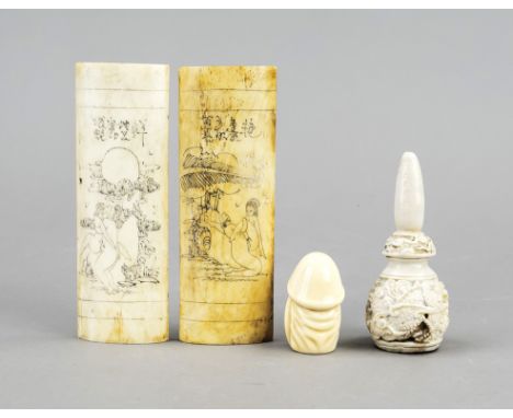 4 Teile aus Bein und Stein, bestehend aus einem Netsuke als Penis mit Vulva, signiert, H. 4,5 cm. Einem mit Drachen beschnitz