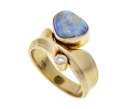 Opal-Brillant-Ring GG 585/000 mit eine Boulderopal 10 x 9 mm und einem Brillanten 0,04 ct W/PI, RG 54, 7,5 g