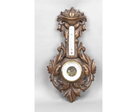 Barometer mit Thermometer für die Wand, Holland, 1. H. 20. Jh., durchbrochen gearbeitet, Ziffernblatt hinter Glas, leicht ber