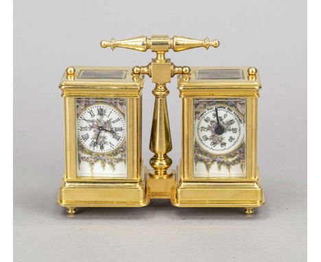 Reisewecker und Barometer, 2.H.20.Jh.,Messing vergoldet mit oben angebrachter Handhabe, vorne, oben und seitlich facettiert v