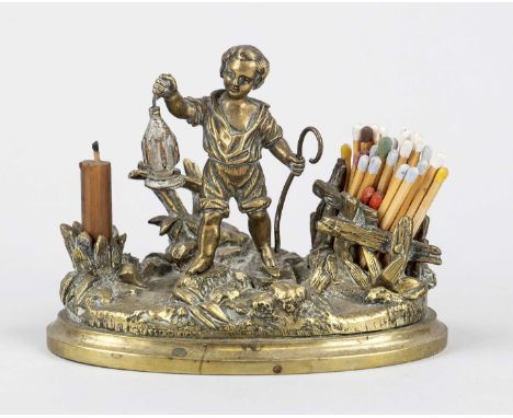 Figürlicher Tisch-Streichholzhalter mit Kerzenhalter, Österreich/Frankreich, 2. H. 19. Jh., Bronze/Messing. Junge mit Hirtens