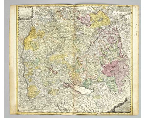 Historische Karte von Baden-Württemberg, ''Circuli Sveviae...'', teilkol. Kupferstich bei Homann Erben 1743, Randläsuren, tei