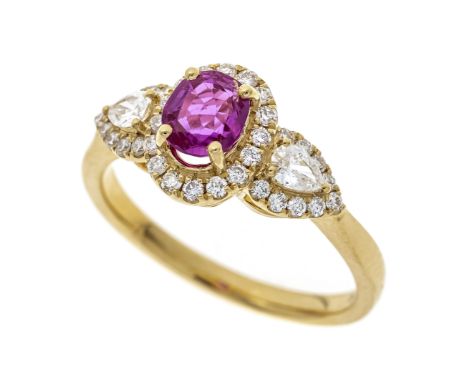 Rubin-Brillant-Ring GG 750/000 mit einem natürlichen, unbehandelten oval fac. Rubin 0,60 ct helleres pinkstichiges Rot, trans
