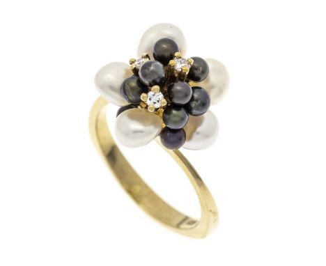 Perlen-Brillant-Ring GG 585/000 mit verschiedenfarbigen schwarzen und weißen Zuchtperlen 2,9 - 6 mm und 3 Brillanten, zus. 0,
