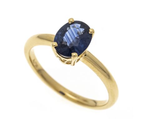 Saphir-Ring GG 750/000 mit einem oval fac. Saphir 1,32 ct Blau, transluzent, 7,81 x 6,34 x 3,14 mm, RG 53, 3,2 g