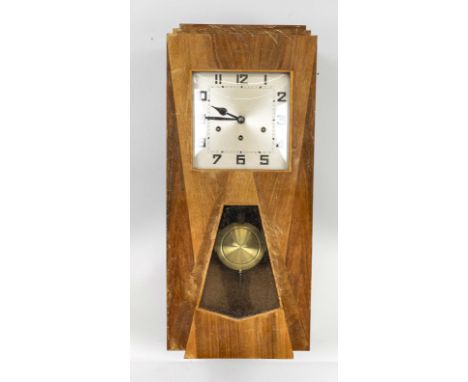 Westminsterregulator im Art Deco`, verschiedene Hölzer unterschiedlich zusammengefügt, silberf. Zifferblatt mit schwarzen ara