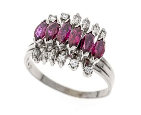 Rubin-Diamant-Ring WG 585/000 mit 6 fac. feinen Rubin-Navettes 5 mm in guter Farbe und Reinheit, sowie 12 Diamanten, RG 62, 5