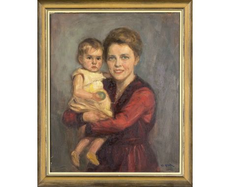 Wilhelm Kruke (1887-1978), deutscher Maler und Grafiker. Portrait einer Mutter mit Kind auf dem Arm, Öl auf Hartfaser, u. re.