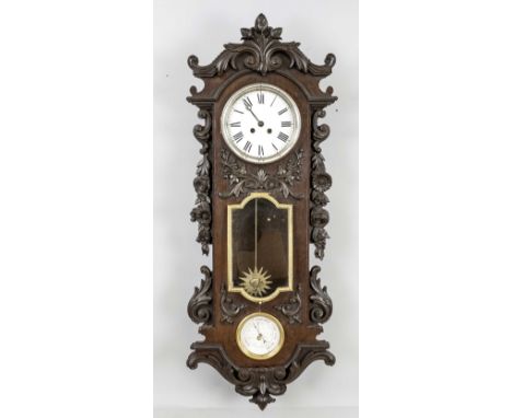 Wanduhr 2,H.19.Jh., reich verziert mit Schnitzereien, mit Rocaillen mit verschiedenen Blüten und Ranken, mit Thermometer, wei