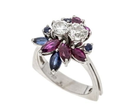 Saphir-Rubin-Altschliff-Diamant-Ring WG 750/000 mit rund fac. Saphire und Rubine 1,5 - 3 mm, fac. Saphir- und Rubin-Navettes 