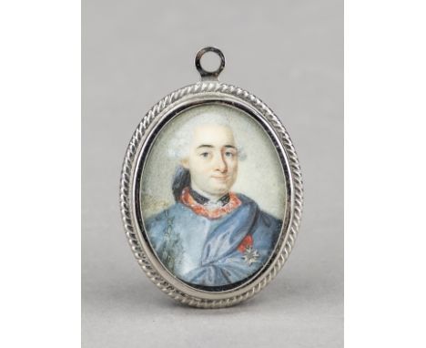 Ovale Miniatur auf Pergament, Frankreich um 1760, Mann in Harnisch und blauem Überwurf, mit Kreuz des französischen Militäror