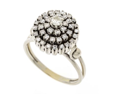 Altschliff-Diamant-Ring WG 750/000 ungest., gepr., mit einem Altschliff-Diamanten 0,14 ct W/SI und 42 Achtkant-Diamanten, zus