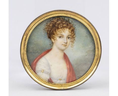 Miniatur sign. Desyernois, wohl Süddeutschland/Frankreich um 1800, Portrait einer jungen Dame in weißem Kleid und rotem Umhan