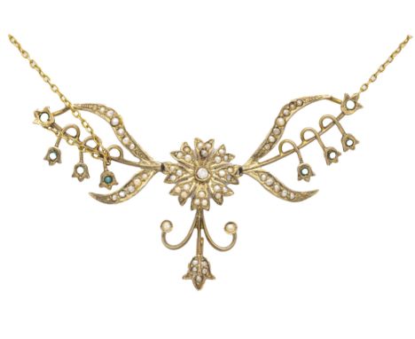 Filigranes Flussperlen-Türkis-Collier GG 416/000 (10 k punziert) in floralem Design mit weißen und silbergrauen Flussperlen 1