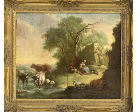 Dirck van Bergen (1645-1690/1702), Umkreis, 17. Jh., bukolische Szene mit rastendem Hirtenpaar, Öl auf Eichenholz, mittig ver