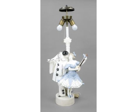 Figürliche Tischlampe, Pierrot und Pierette mit Musikinstrumenten, w. Goldscheider Wien, Entwurf Padola, im runden Siockel si