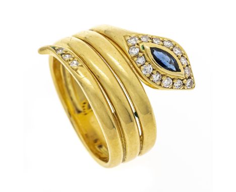 Schlangen-Ring GG 750/000 mit einem Saphir-Navette 6 x 2,7 mm, Blau, transparent, bestoßen, und 17 Achtkant-Diamanten , zus. 