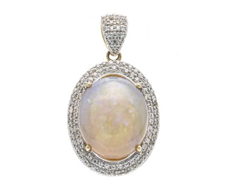 Opal-Anhänger GG 585/000 mit einem ovalen Opal-Cabochon 15 x 13 mm transparent mit leichtem Farbenspiel, und rund fac. weißen