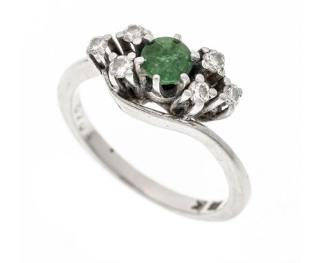 Smaragd-Brillant-Ring WG 585/000 mit einem rund fac. Smaragd 4,4 mm Grün - Dunkelgrün, opak, berieben,  und 6 Brillanten, zus