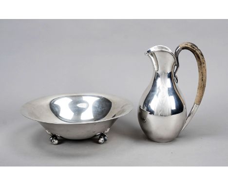 Krug und Schale, Dänemark, 20. Jh., MZ: 1x K. C. Hermann, Kopenhagen, 1x SW, Silber 830/000, runde Schale, auf 3 Doppelfüßen,