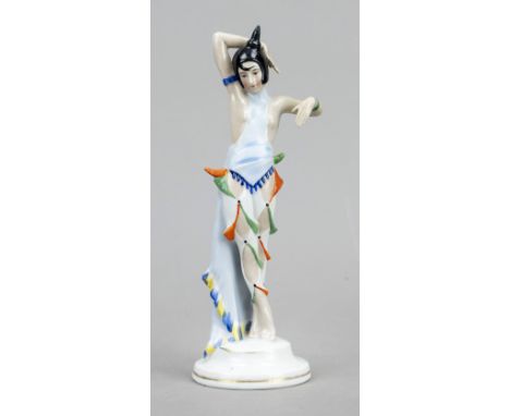 Art-Deco-Tänzerin, Katzhütten, Thürinegn, 1930er Jahre, Tänzerin in expressiver Pose, Modellnr. 5985, polychrom bemalt auf ru