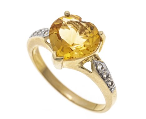Citrin-Herz-Ring GG/WG 375/000 mit einem fac. Citrin-Herz 9,5 mm und 6 fac. weißen Saphiren, RG 56, 3,3 g