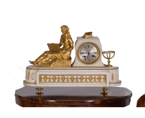AN ALABASTER AND GILT METAL MANTEL CLOCK, 19th CENTURY, with steel dial,  45cms wide x 32cms high - surmounted by a female re