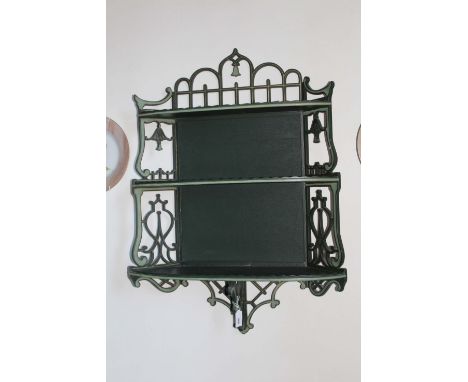 A 'CHINESE' GREEN AND GILT PAINTED THREE TIER WOODEN HANGING SHELF, with pierced sides and brackets, 71cms x 58cms and a maho