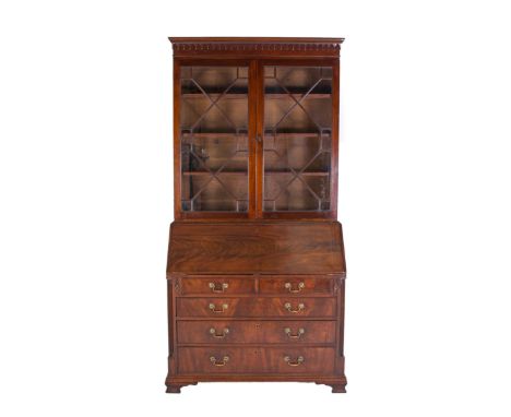 A MAHOGANY SECRETAIRE BOOKCASE, BASICALLY 18/19th CENTURY,  the top with gothic arcaded frieze, with astragal glazed doors, t