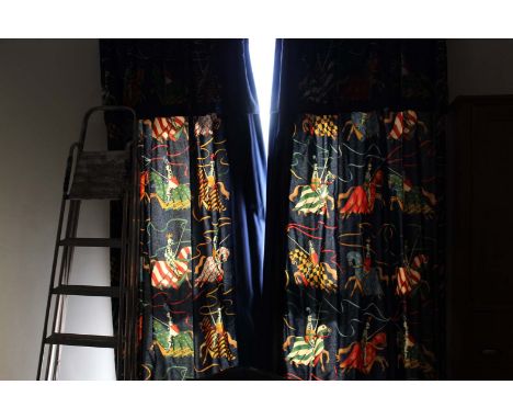 A PAIR OF LINED CURTAINS AND CURTAIN POLES, decorated with knights on horse back
