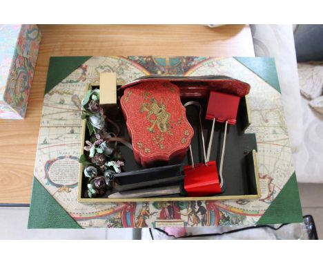 A COLLECTION OF DRESSING TABLE ITEMS including papier mache container and tray, carriage clock, letter opener etc. 