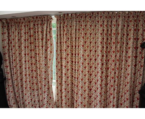 FIVE PAIRS OF CREWEL WORK LINED CURTAINS, decorated with tulips within a trellis design, 229cms high