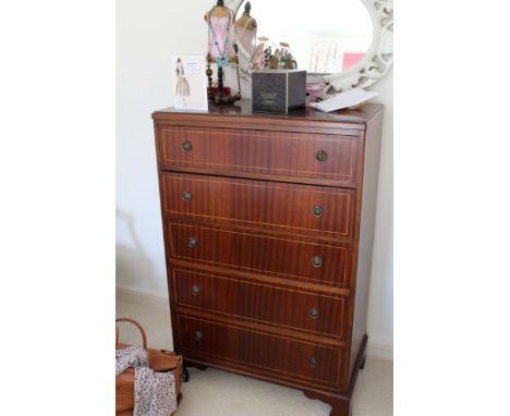 A MAHOGANY AND INLAID MODERN CHEST OF FIVE DRAWERS, on bracket feet, 77cms x 119cms


