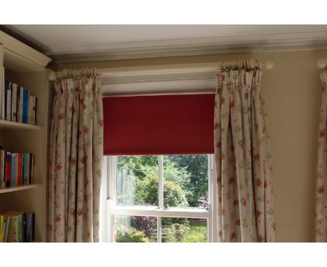 A PAIR OF SILK LINED COLEFAX AND FOWLER CURTAINS, pink and white stripped and embellished with flowers, 223cms high and the p
