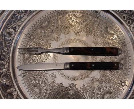 A LATE 19th CENTURY CAMPAIGN KNIFE & FORK, with silverblades and Tortoise shell handle