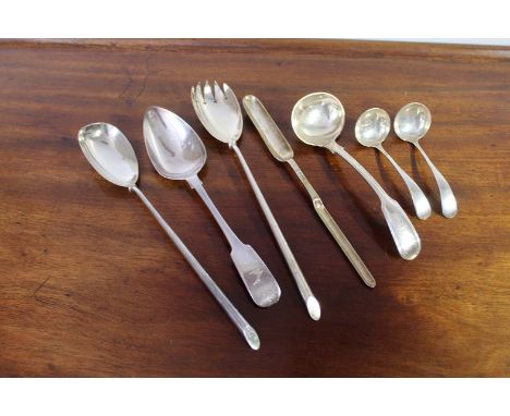A pair of London silver  salad servers; a Dublin Georgian fiddle pattern serving spoon; a plated ladle and a pair of Sheffiel