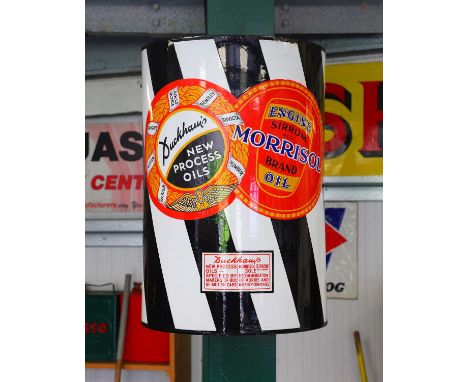 A Duckhams and Morrisol single-sided curved five-colour enamel advertising sign,by Bruton, Palmer's Green, London,36cm wide53