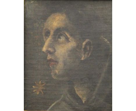 An antique oil on canvas, Portrait of a Man Staring at the Moon with a Star Below, housed in a frame with gilt painted Latin 