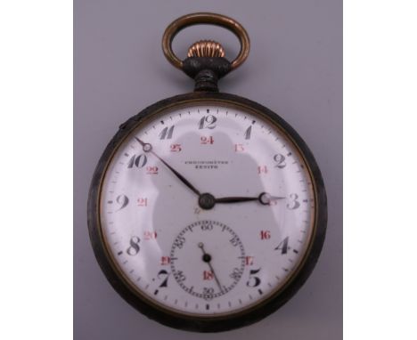 A Zenith Chronometer pocket watch in gun metal, with 24 hour dial. 5 cm diameter.