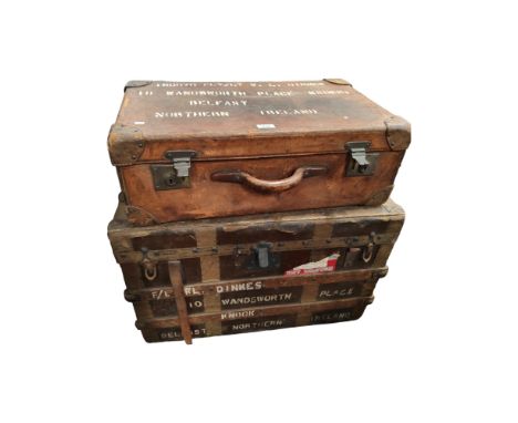 TRAVELLING TRUNK AND LEATHER SUITCASE BOTH ADDRESSED TO F.LT/LT  W.L. DINNES OF BELFAST 