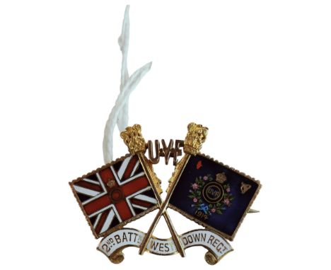ANTIQUE 9 CARAT GOLD &amp; ENAMEL U.V.F (ULSTER VOLUNTEER FORCE) BADGE '2ND BATTN. WEST DOWN REGT'.  THIS ITEM WAS PURCHASED 