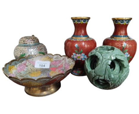 SHELF LOT OF CLOISONNE AND CARVED PUZZLE BALL 
