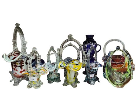 SHELF LOT OF GLASS, BASKETS ETC