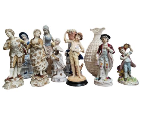 SHELF LOT OF FIGURES TO INCLUDE PAIR OF ANTIQUE FIGURES A/F