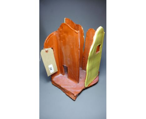 After Sandro Soravia, a terracotta sculpture of Ruins, glazed in green, yellow and blue.