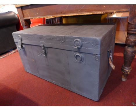 A grey painted vintage trunk H:50cm W:89cm D:48cm