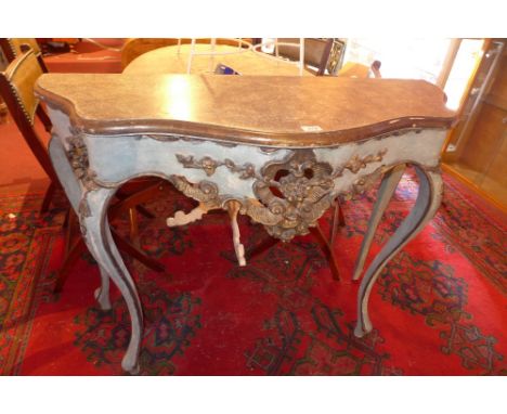 A Rococo style blue and gilt painted console table raised on cabriole legs, H:87cm W:111cm D:42cm
