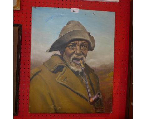 An exceptionally well executed portrait painting of black soldier circa 1950s, possibly British/South African, signed indisti