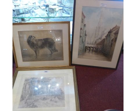 A pencil sketch by George Frost depicting a figure in a woodland scene together with a pencil sketch of a dog and pastel draw